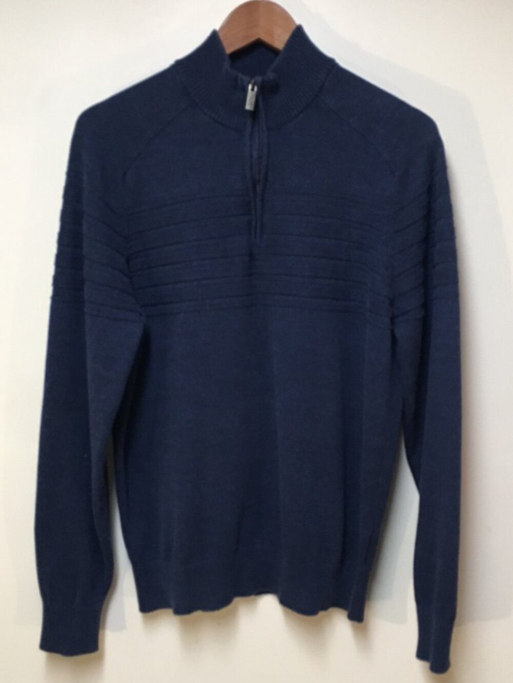 Canda C&A Men L‎ Sweater Blue Knit 1/4 Zip Pullover Neutral Preppy Career Cotton